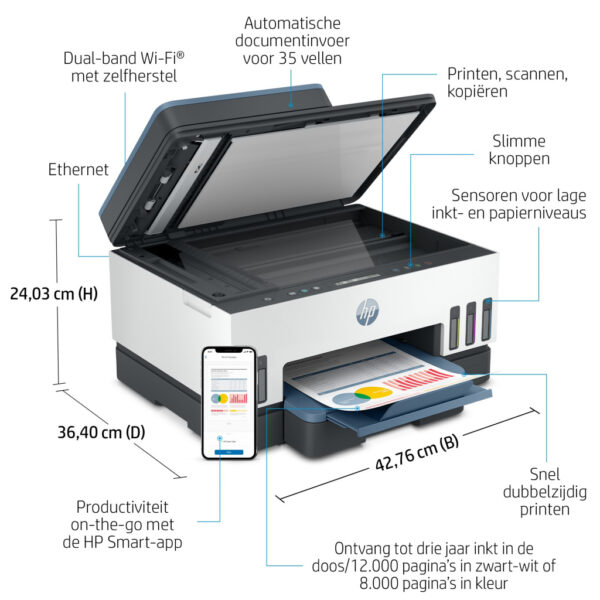 HP Smart Tank 7306 Draadloos All-in-One Kleur Printer, Dubbelzijdig printen; Kopieerapparaat, Scanner - Afbeelding 3