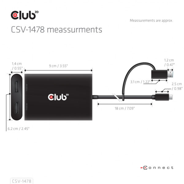 CLUB3D USB Type-C (with USB Type-A adapter) to dual DisplayPort™(4K60Hz) Video Splitter - Afbeelding 3