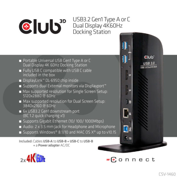 CLUB3D UNIVERSEEL Docking station USB3.2 Type A of C 2x Displayport 4K60Hz DisplayLink® gecertificeerd - Afbeelding 8