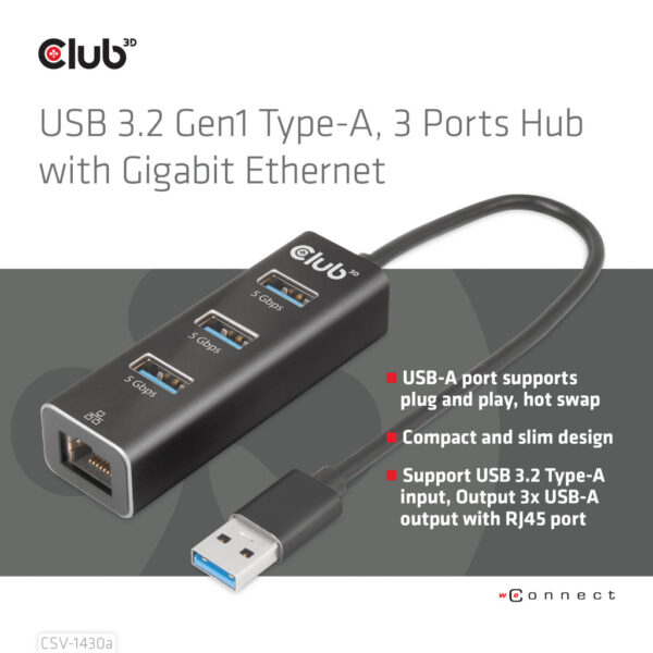 CLUB3D USB 3.2 Gen1 Type-A, 3 Ports Hub with Gigabit Ethernet - Afbeelding 4