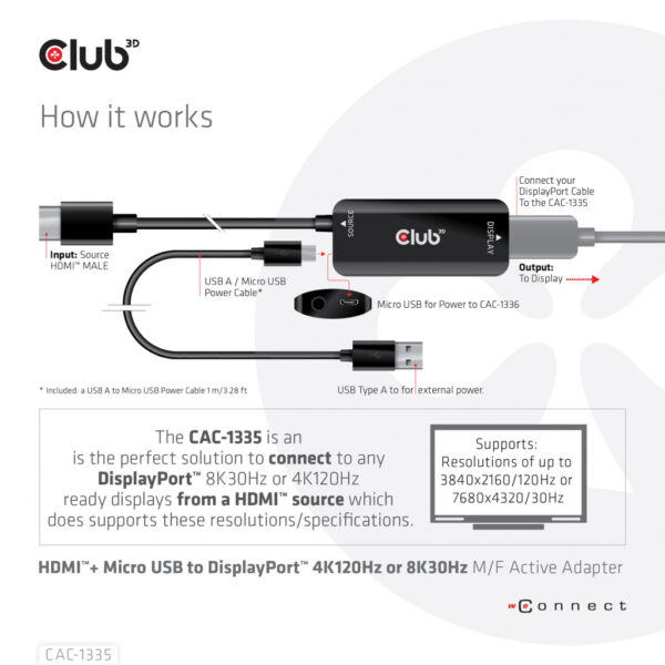 CLUB3D HDMI + Micro USB to DisplayPort™ 4K120Hz or 8K30Hz M/F Active Adapter - Afbeelding 12