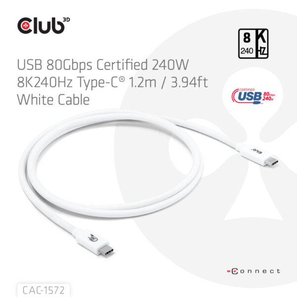 CLUB3D USB 80Gbps Certified 240W 8K240Hz Type-C® 1.2m / 3.94ft White Cable - Afbeelding 2