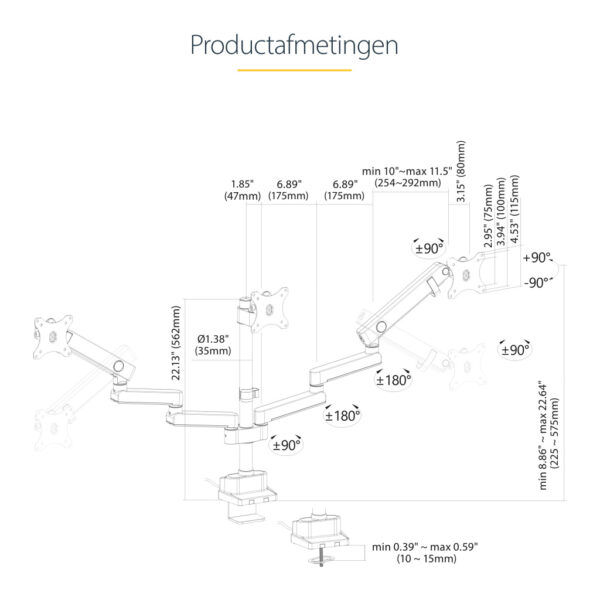 StarTech.com Triple Monitor Arm voor Bureau, Tot Drie 27inch Schermen, VESA 75x75/100x100, Instelling zonder Gereedschap, C-klem - Afbeelding 20