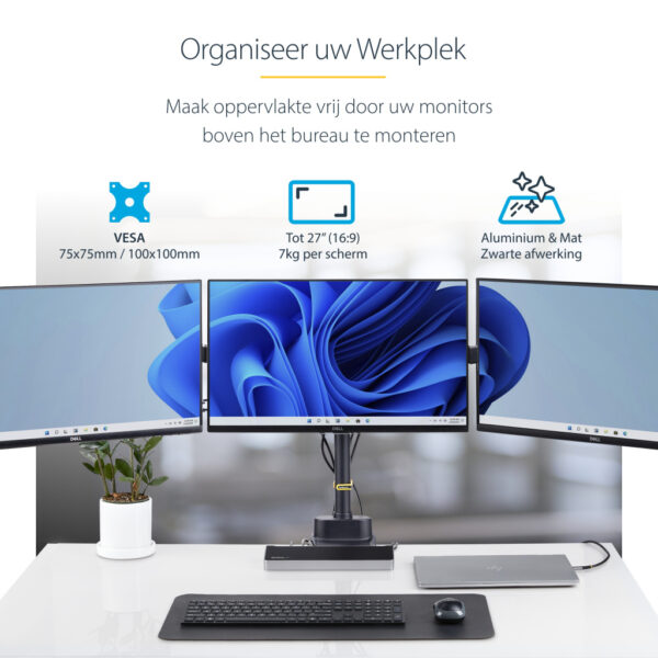 StarTech.com Triple Monitor Arm voor Bureau, Tot Drie 27inch Schermen, VESA 75x75/100x100, Instelling zonder Gereedschap, C-klem - Afbeelding 14