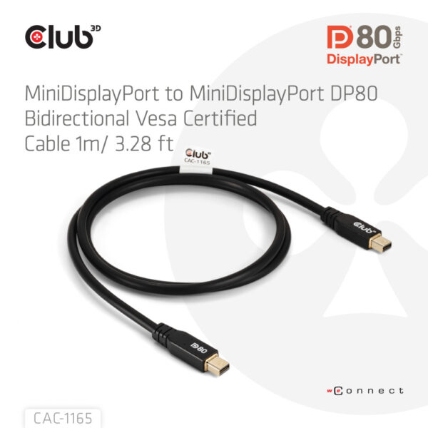 CLUB3D MiniDisplayPort™ to MiniDisplayPort Bi-Directional VESA DP80 Certified Cable M/M 1m/3.28ft - Afbeelding 2
