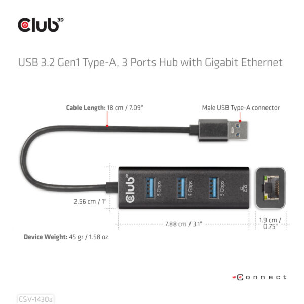 CLUB3D USB 3.2 Gen1 Type-A, 3 Ports Hub with Gigabit Ethernet - Afbeelding 6