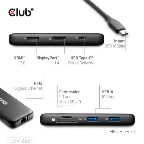 CLUB3D 8-1 Portable Dock USB Type-C® 10Gbps to HDMI™ and DisplayPort™ 8K30Hz PD Max.100Watt - Afbeelding 3