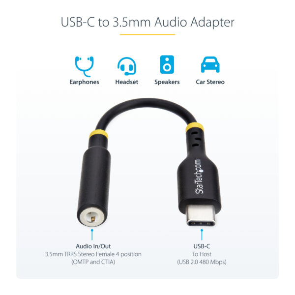StarTech.com USB-C naar 3.5mm TRRS Headphone/Headset Adapter, Aux Audio Adapter, 3.5mm Jack, USB Type-C Aux Dongle, Hi-Fi 32-bit - Afbeelding 7