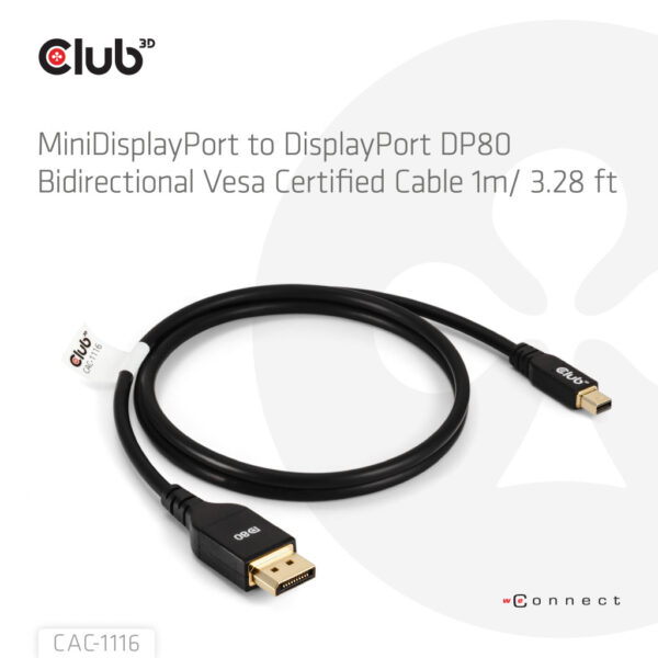 CLUB3D Mini DisplayPort™ to DisplayPort™ Bi-Directional VESA DP80 Certified Cable M/M 1m/3.28ft - Afbeelding 2