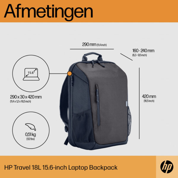 HP Travel 15,6 Laptop Backpack, 18 liter, Iron Grey - Afbeelding 4