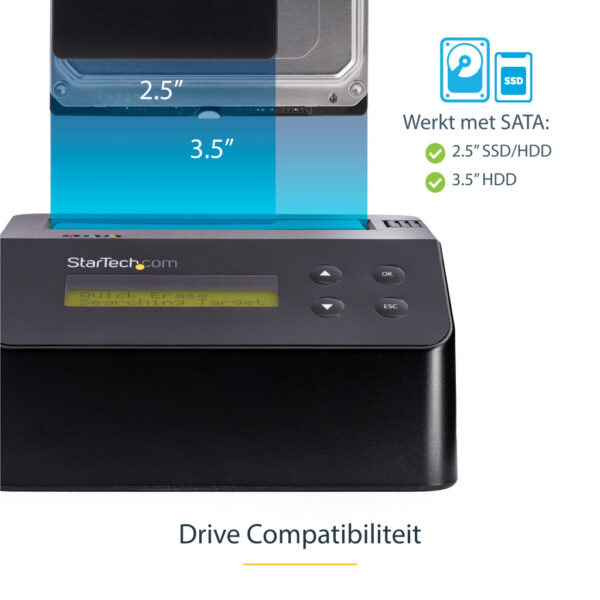StarTech.com Single Bay Hard Drive Wisser, Standalone HDD/SSD Sanitizer/Eraser, USB 3.0 naar SATA II (3 Gbps), 9 Wismodi, LCD D - Afbeelding 8