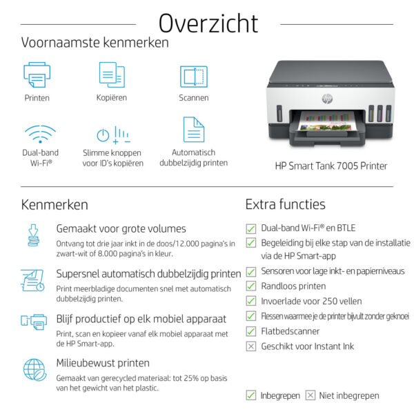 HP Smart Tank 7005 Draadloos All-in-One Kleur Printer, Dubbelzijdig printen; Kopieerapparaat, Scanner - Afbeelding 5