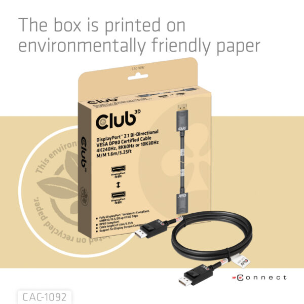 CLUB3D DisplayPort™ 2.1 Bi-Directional VESA DP80 Gecertificeerde kabel 4K240Hz, 8K60Hz or 10K60Hz M/M 1.6m/ Next-Gen Gami - Afbeelding 9
