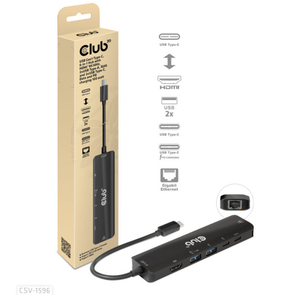 CLUB3D USB Gen1 Type-C, 6-in-1 Hub with HDMI 8K30Hz, 2xUSB Type-A, RJ45 and 2xUSB Type-C, Data and PD charging 100 watt - Afbeelding 6