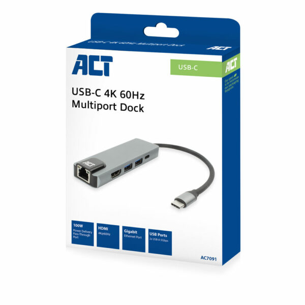 ACT AC7091 laptop dock & poortreplicator Bedraad USB 3.2 Gen 1 (3.1 Gen 1) Type-C Grijs - Afbeelding 2