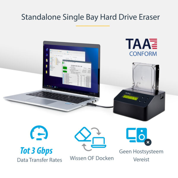StarTech.com Single Bay Hard Drive Wisser, Standalone HDD/SSD Sanitizer/Eraser, USB 3.0 naar SATA II (3 Gbps), 9 Wismodi, LCD D - Afbeelding 7