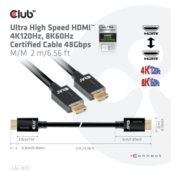 CLUB3D Ultra High Speed HDMI 4K120Hz, 144Hz Certified Cable 48Gbps M/M 2 m / 6.56 ft - Afbeelding 5