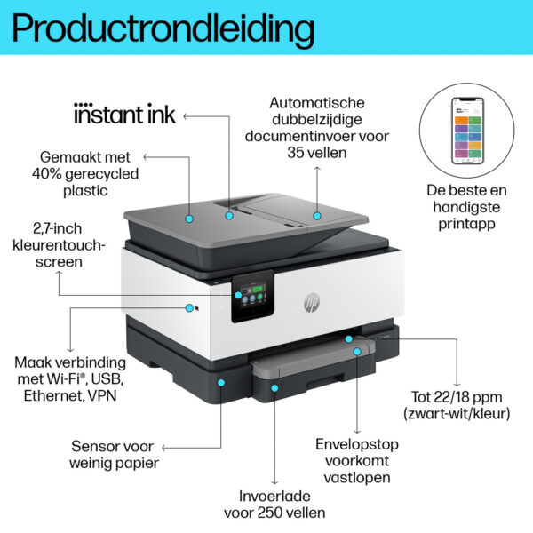 HP OfficeJet Pro 9120e Draadloos All-in-One Kleur Printer, Instant Ink; Dubbelzijdig printen - Afbeelding 3
