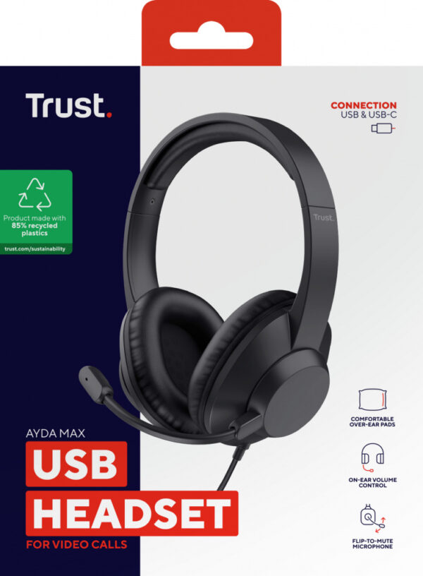 Trust Ayda Max USB Headset Bedraad Hoofdband Kantoor/callcenter USB Type-C / USB Type-A Zwart - Afbeelding 8