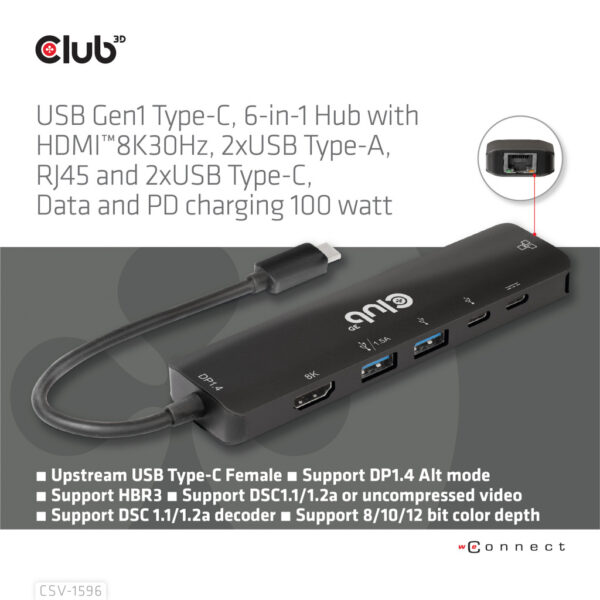 CLUB3D USB Gen1 Type-C, 6-in-1 Hub with HDMI 8K30Hz, 2xUSB Type-A, RJ45 and 2xUSB Type-C, Data and PD charging 100 watt - Afbeelding 7