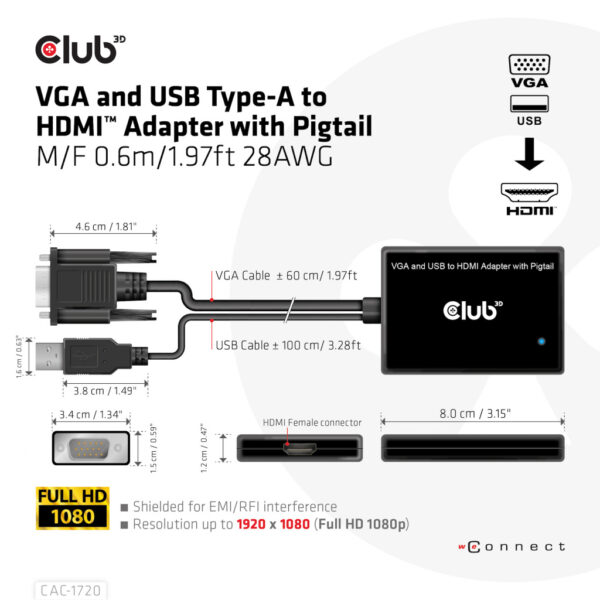 CLUB3D VGA and USB Type-A to HDMI Adapter with Pigtail M/F 0.6m/1.97ft 28AWG - Afbeelding 3