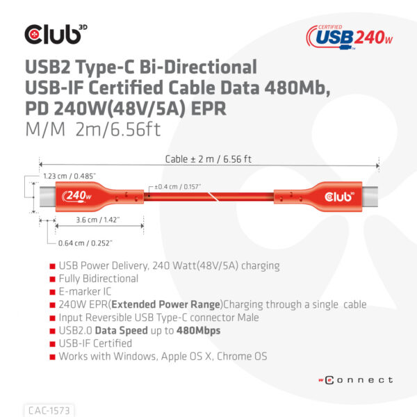 CLUB3D USB2 Type-C Bi-Directional Cable, Data 480Mb,PD 240W(48V/5A) EPR M/M 2m USB IF GECERTIFICEERD - Afbeelding 7