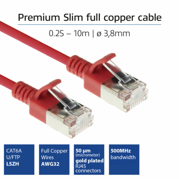 ACT Rode 2 meter LSZH U/FTP CAT6A datacenter slimline patchkabel snagless met RJ45 connectoren - Afbeelding 2