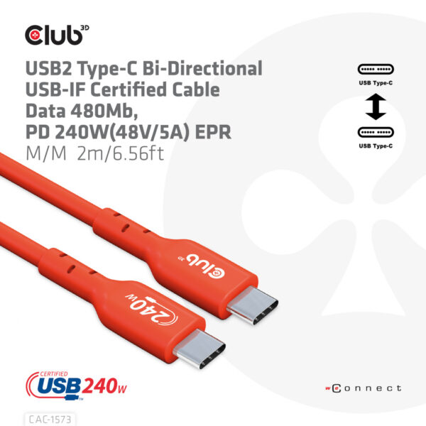 CLUB3D USB2 Type-C Bi-Directional Cable, Data 480Mb,PD 240W(48V/5A) EPR M/M 2m USB IF GECERTIFICEERD - Afbeelding 6