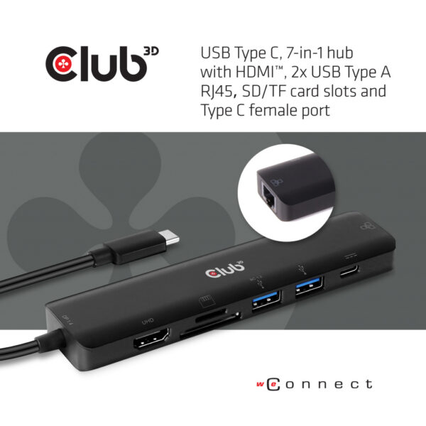 CLUB3D USB type C 7in1 Hub HDMI 4K60Hz SD TF Card slot 2x USB Type A USB Type C oplaad mogelijkheid tot max.100W (ook geschikt v - Afbeelding 3
