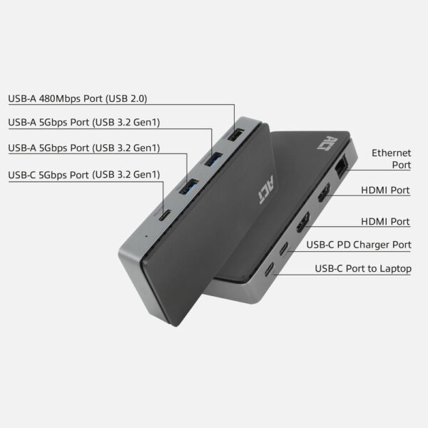 ACT USB-C 4K MST dockingstation voor 2 HDMI-monitoren, Ethernet, USB-C, 3x USB-A, PD passthrough en 1 meter lange afneembare USB - Afbeelding 4
