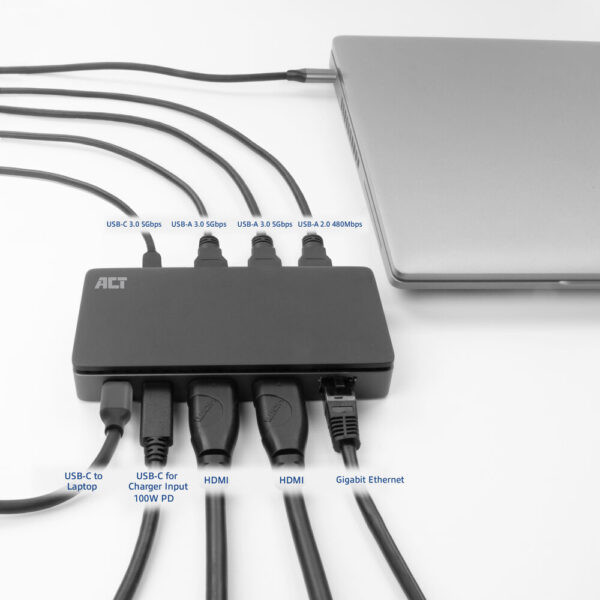 ACT USB-C 4K MST dockingstation voor 2 HDMI-monitoren, Ethernet, USB-C, 3x USB-A, PD passthrough en 1 meter lange afneembare USB - Afbeelding 7