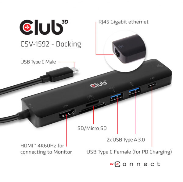 CLUB3D USB type C 7in1 Hub HDMI 4K60Hz SD TF Card slot 2x USB Type A USB Type C oplaad mogelijkheid tot max.100W (ook geschikt v - Afbeelding 5