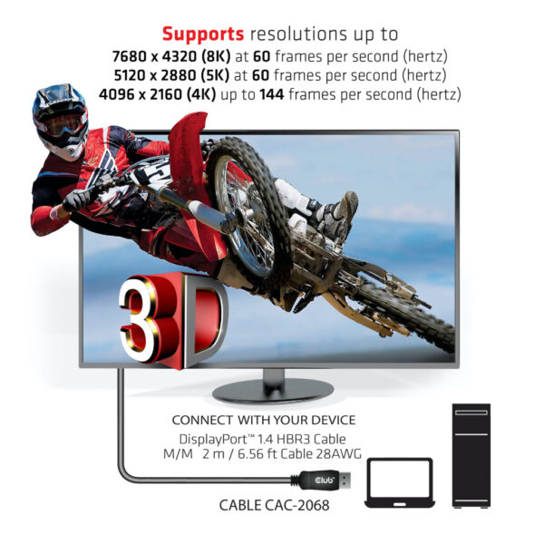 CLUB3D DisplayPort 1.4 HBR3 Cable 2meter M/M 8K60Hz - 1920x1080 pixels met 144hz - Afbeelding 9