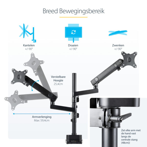 StarTech.com Dubbele Monitor Arm voor Bureaumontage, Full Motion Monitorbeugel voor 2x VESA-displays tot 32" (8kg), Verticale St - Afbeelding 18