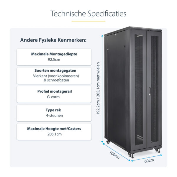 StarTech.com 4 Post 42U Netwerkkast, 19" Patchkast voor Computer/AV/IT Apparatuur, Data Rack met Wielen, Full Size Industriële - Afbeelding 11