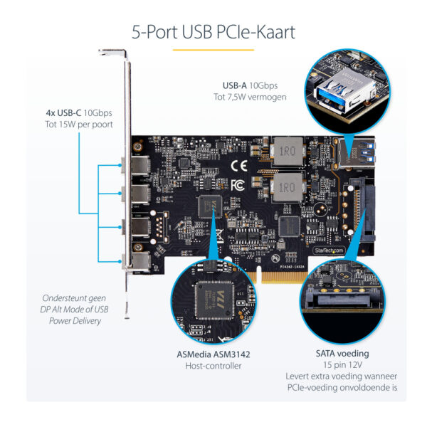 StarTech.com 5-Port USB PCIe Kaart, USB 3.2 10Gbps, PCI Express Kaart met 4x USB-C Poorten, 1x USB-A Interne Poort, USB PCIe Co - Afbeelding 10
