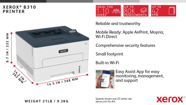 Xerox B310 A4 40 ppm draadloze dubbelzijdige printer PS3 PCL5e/6 2 laden totaal 350 vel - Afbeelding 18