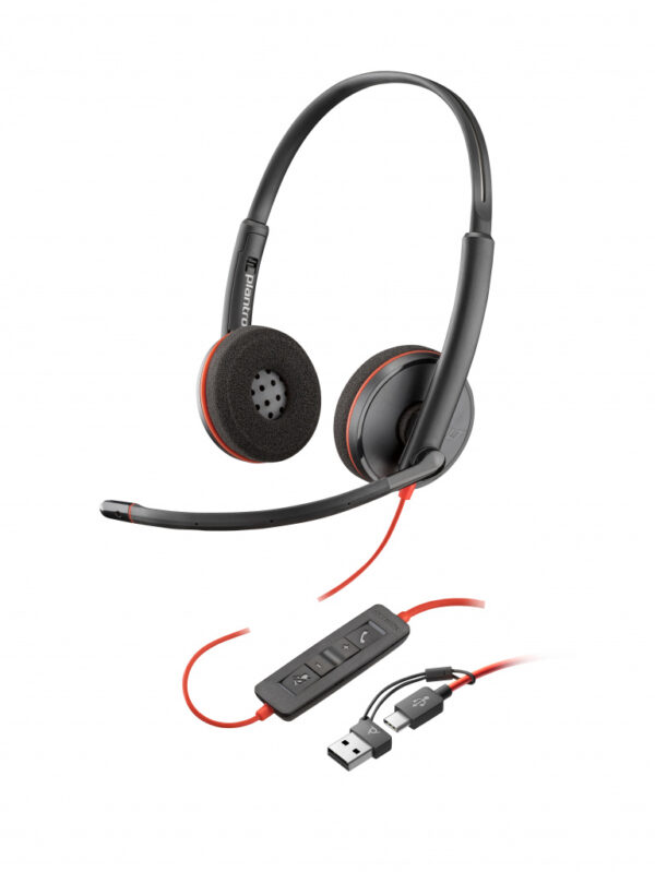 POLY Blackwire 3220 zwarte stereo USB-C-headset + USB-C/A-adapter (bulk) - Afbeelding 2