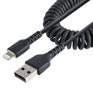 StarTech.com 50cm USB A naar Lightning Kabel, Zwart, MFi Gecertificeerd, iPhone Lader Spiraalkabel, Duurzame Aramidevezels, Rob