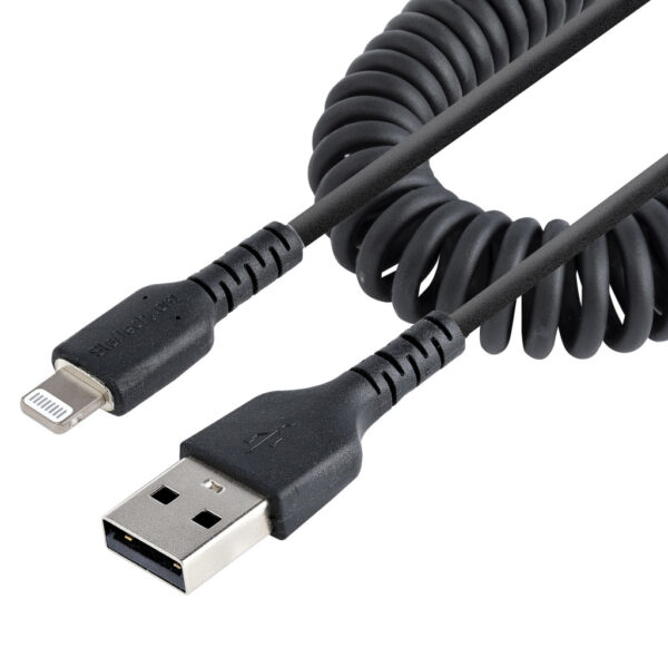 StarTech.com 50cm USB A naar Lightning Kabel, Zwart, MFi Gecertificeerd, iPhone Lader Spiraalkabel, Duurzame Aramidevezels, Rob