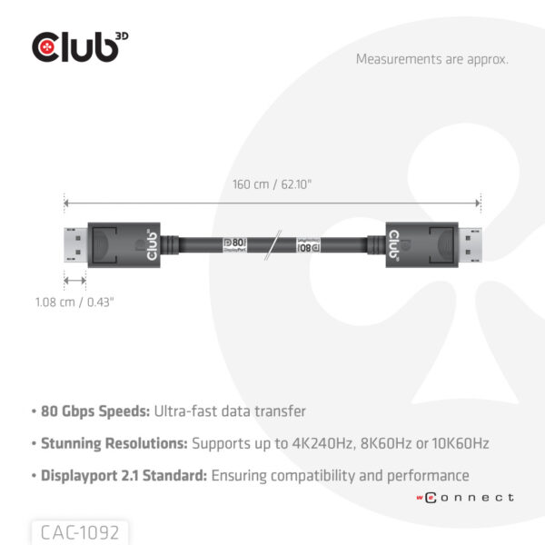 CLUB3D DisplayPort™ 2.1 Bi-Directional VESA DP80 Gecertificeerde kabel 4K240Hz, 8K60Hz or 10K60Hz M/M 1.6m/ Next-Gen Gami - Afbeelding 4