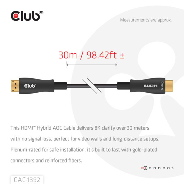 CLUB3D HDMI™ Hybrid AOC Cable 8K60Hz/4K120Hz 30m / 98.42 ft - Afbeelding 5