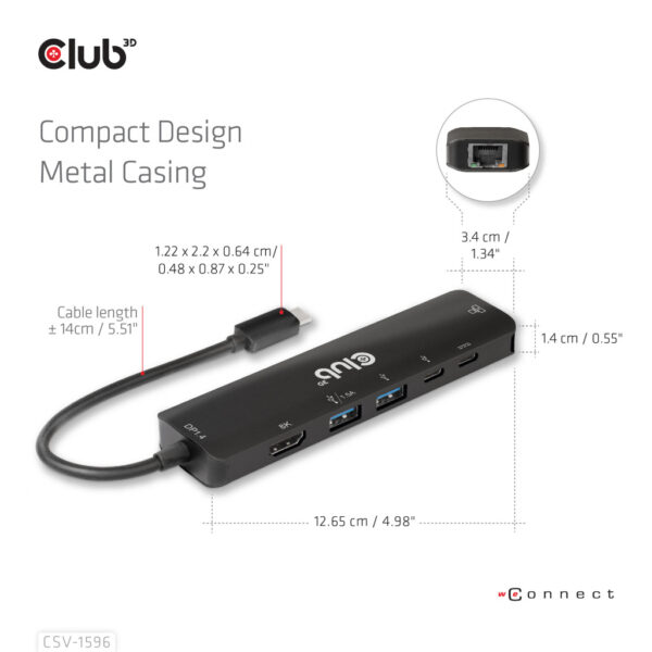 CLUB3D USB Gen1 Type-C, 6-in-1 Hub with HDMI 8K30Hz, 2xUSB Type-A, RJ45 and 2xUSB Type-C, Data and PD charging 100 watt - Afbeelding 10