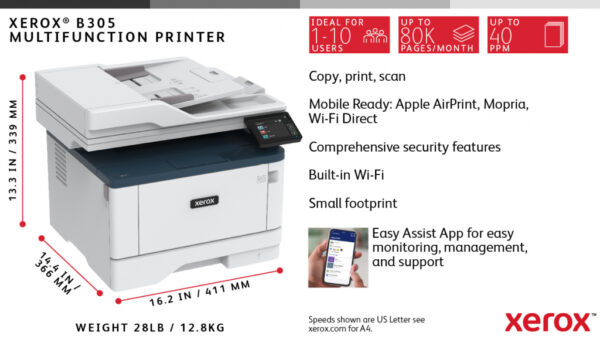 Xerox B305 A4 38 ppm draadloze dubbelzijdige printer PS3 PCL5e/6 2 laden totaal 350 vel - Afbeelding 19