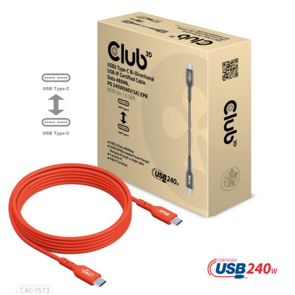 CLUB3D USB2 Type-C Bi-Directional Cable, Data 480Mb,PD 240W(48V/5A) EPR M/M 2m USB IF GECERTIFICEERD - Afbeelding 5
