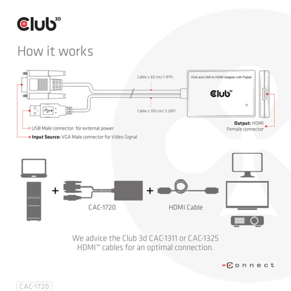CLUB3D VGA and USB Type-A to HDMI Adapter with Pigtail M/F 0.6m/1.97ft 28AWG - Afbeelding 4
