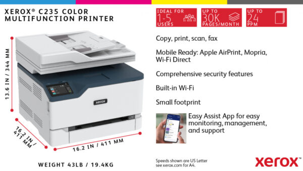 Xerox C235 A4 22ppm Wireless Duplex Copy/Print/Scan/Fax PS3 PCL5e/6 ADF 2 Trays Total 251 Sheets - Afbeelding 15