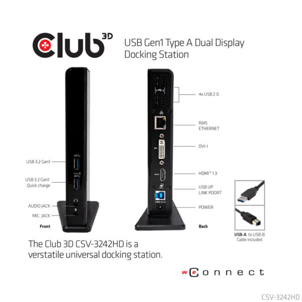 CLUB3D UNIVERSEEL USB 3.0 Type A 1x HDMI 1x DVI ,UTP aansluitingen DisplayLink™ gecertificeerd Docking Station - Afbeelding 3
