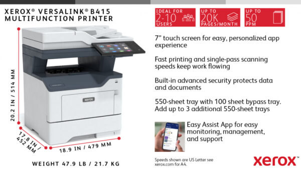 Xerox VersaLink B415 A4 47 ppm dubbelzijdig kopiëren en printen, scannen en faxen, geschikt voor PS3 PCL5e/6 2 laden voor totaal - Afbeelding 32