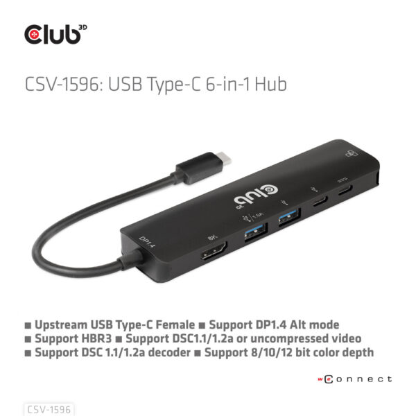 CLUB3D USB Gen1 Type-C, 6-in-1 Hub with HDMI 8K30Hz, 2xUSB Type-A, RJ45 and 2xUSB Type-C, Data and PD charging 100 watt - Afbeelding 13